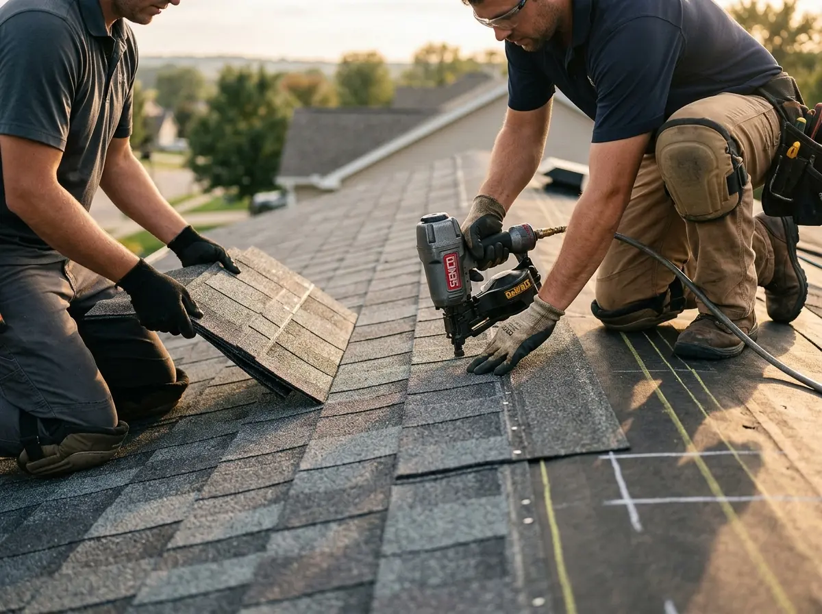 Professional roofer working on a residential roof in San Dimas